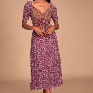 En Saison Chiffon Ditsy Floral Boho Pleated A-Line Midi Dress Women's Size Small